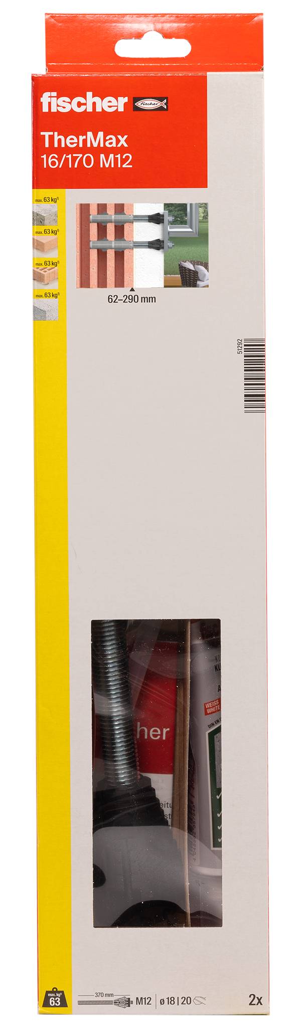 Opakowanie do kotwów montażowych fischer TherMax 16/170 M12, prezentujące okno produktu i zakres rozmiarów 62-290 mm, 2 sztuki.