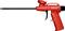 Czerwony pistolet do pianki montażowej z długą dyszą i czarnym spustem, przeznaczony do precyzyjnego nakładania pianki poliuretanowej.