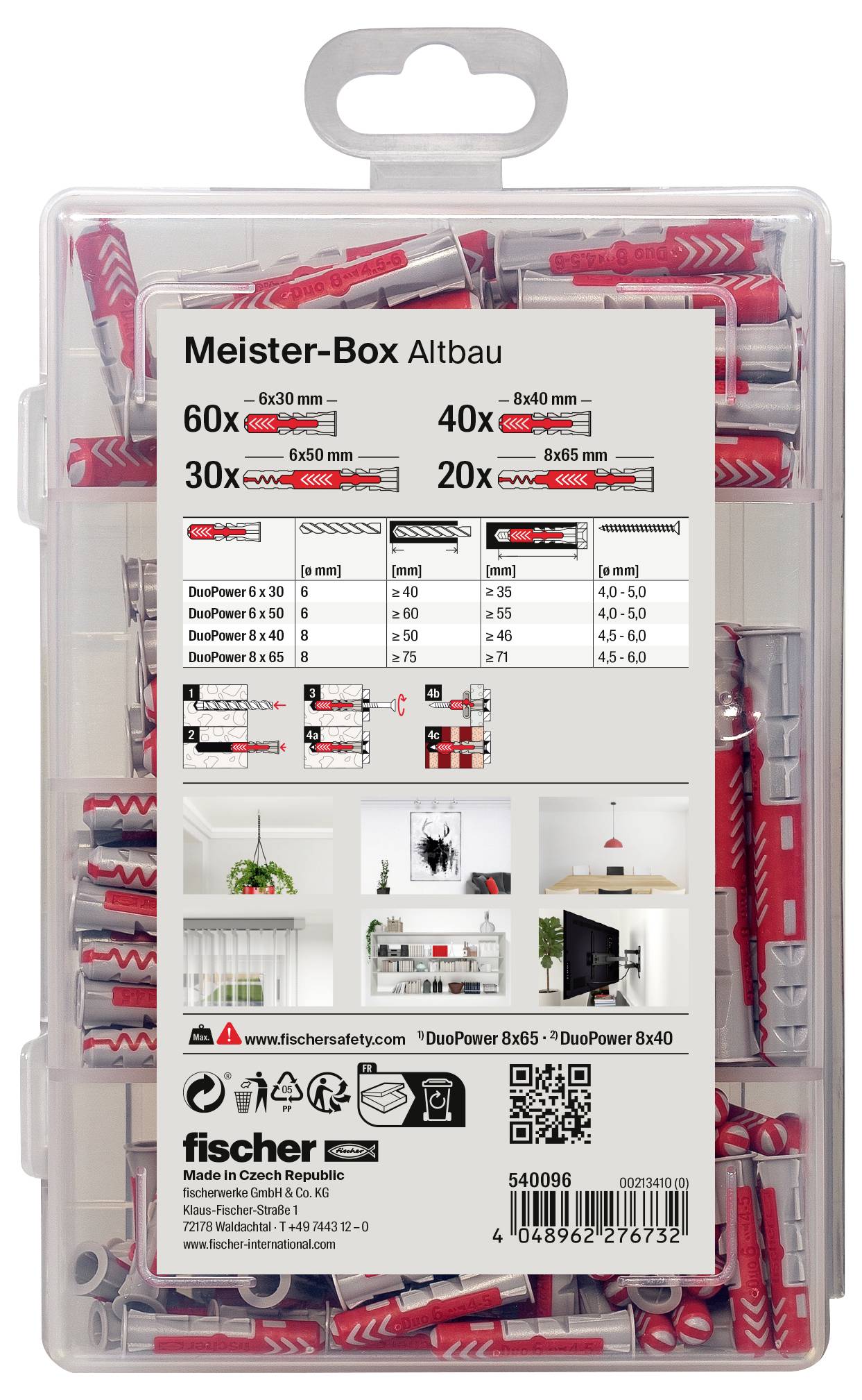 Pudełko plastikowe z kołkami Fischer w różnych rozmiarach. Zawiera 60 kołków 6x30 mm, 40 kołków 8x40 mm oraz 20 kołków 10x50 mm.