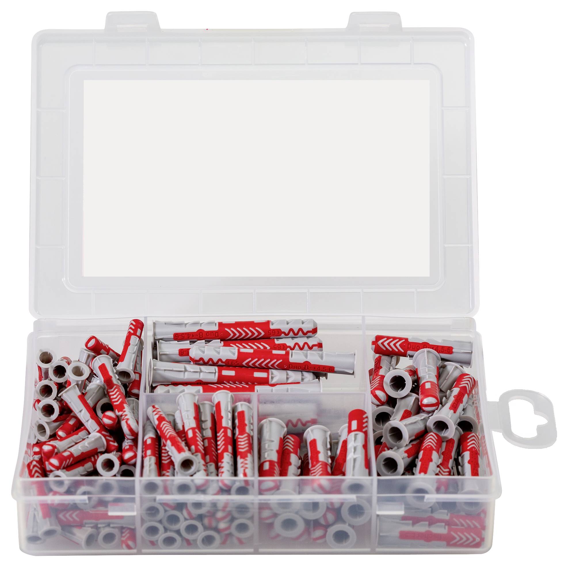 Plastikowe pudełko z czerwonymi i szarymi kołkami z tworzywa sztucznego o różnych rozmiarach, podzielone na przegródki do schludnego przechowywania.