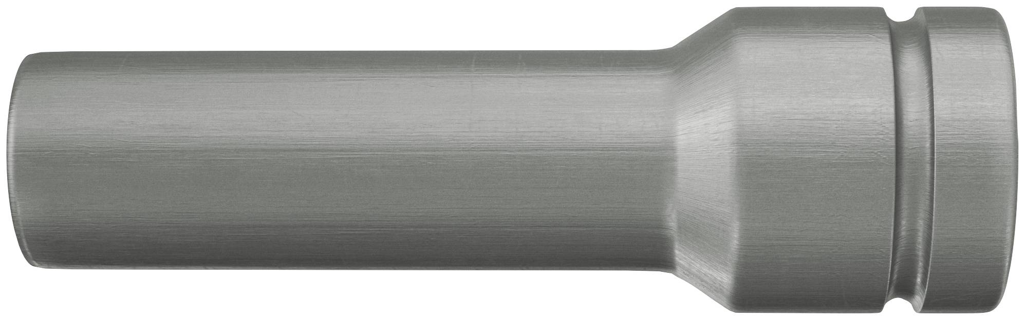 Metalowe cylindryczne złącze rurowe ze stopniowym szerszym kołnierzem na jednym końcu, pokazane poziomo na białym tle.