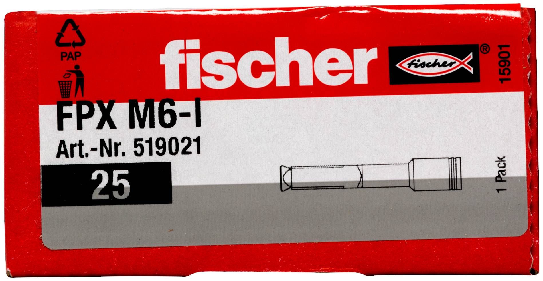 Etykieta opakowania kotwicy Fischer FPX M6-I, Nr art. 519021, opakowanie 25 sztuk, z ilustracją produktu na pudełku w kolorze czerwono-białym.