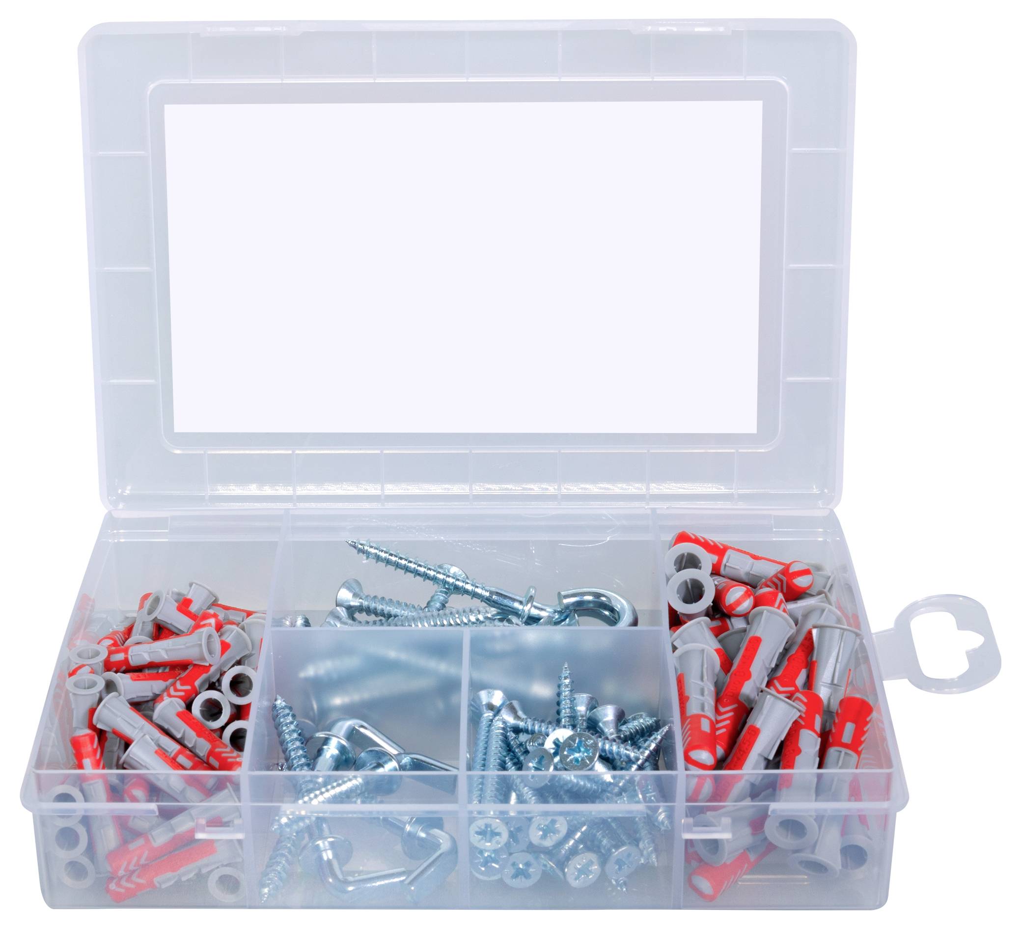 Przezroczyste pudełko z przegródkami, wypełnione śrubami, kołkami i hakami różnych rozmiarów, przeznaczone do prac rzemieślniczych.