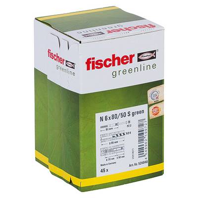 Zielone opakowanie Fischer wtyczek/kołków ściennych oznaczone etykietą „fischer greenline" i „N 6x80/50 S green", pokazane jako pakiet produktu.
