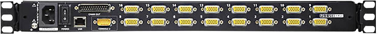 Tylna strona czarnej szafy serwerowej z wieloma żółtymi portami VGA i jednym portem Ethernet.