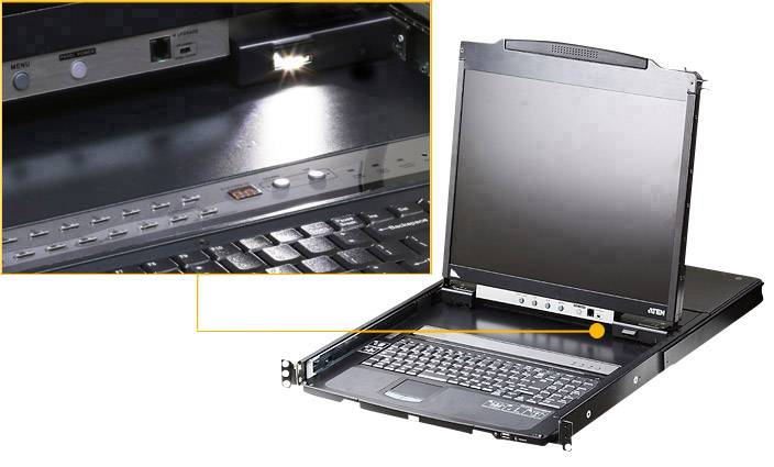 Składany przełącznik KVM z wbudowanym monitorem i klawiaturą, prezentujący specyfikacje i złącza w powiększonym polu.