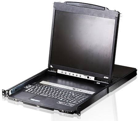 Port konsoli rack ze zintegrowaną klawiaturą i monitorem, używany do zarządzania i monitorowania serwerów w centrum danych.