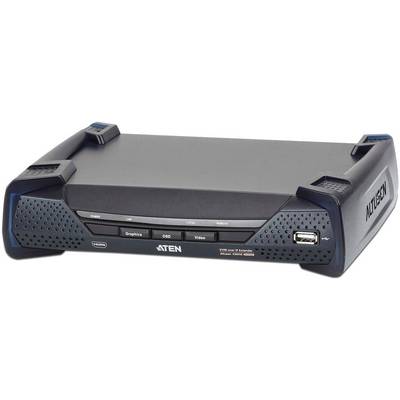 Przełącznik KVM over IP firmy ATEN z wejściem HDMI i portem USB. Z przodu kilka przycisków funkcyjnych, odpowiedni do użycia w sieciach.