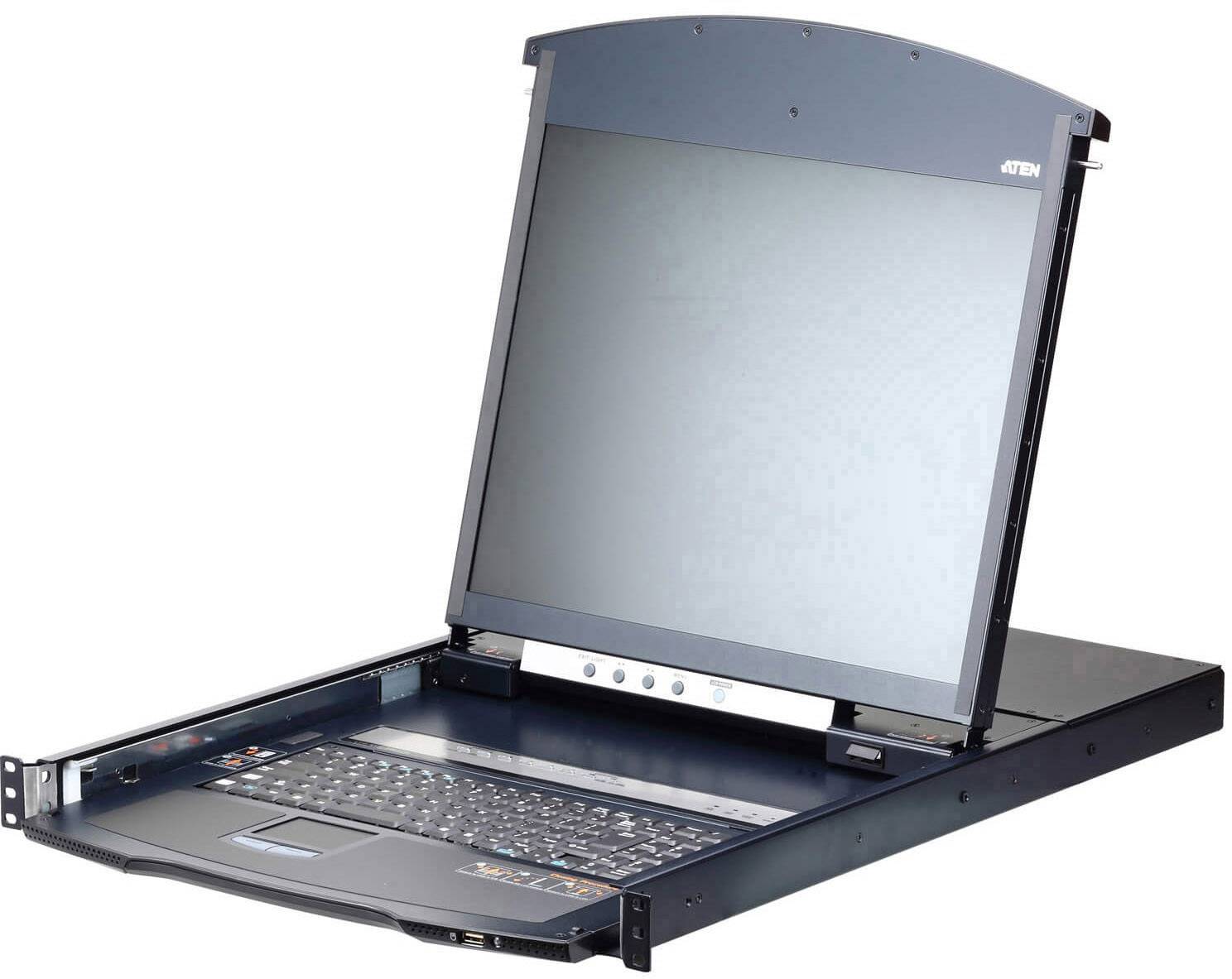 Otwarty laptop składany jest rozłożony, ukazując ekran i klawiaturę. Urządzenie wygląda na solidne i osadzone jest w metalowej ramie.