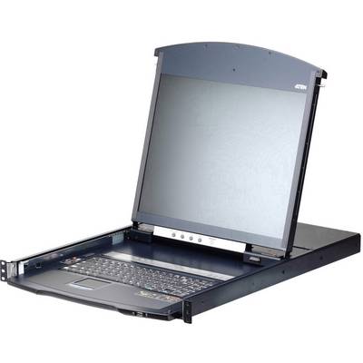 Otwarty laptop składany jest rozłożony, ukazując ekran i klawiaturę. Urządzenie wygląda na solidne i osadzone jest w metalowej ramie.
