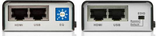 Dwa elektroniczne złącza: Po lewej stronie z HDMI, USB i regulatorem EQ (pozycja 3); Po prawej stronie z HDMI, USB i przełącznikiem EDID (Bypass/Domyślny).