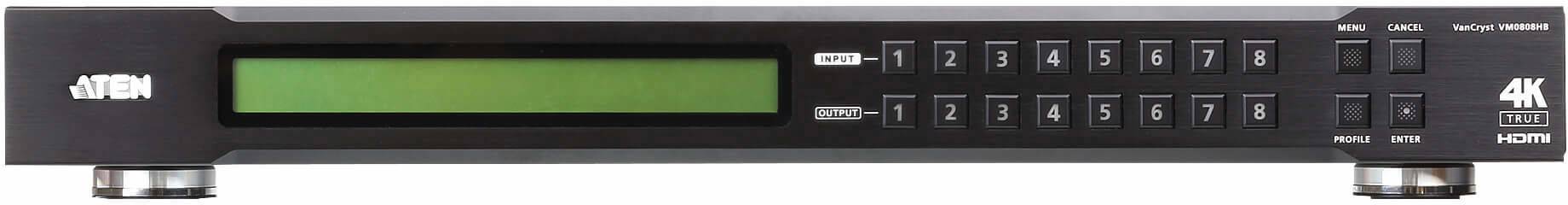 Przełącznik HDMI z 8 wejściami, 2 wyjściami, wyświetlaczem LCD i przyciskami sterującymi. Odpowiedni dla połączeń wideo 4K Ultra HD.