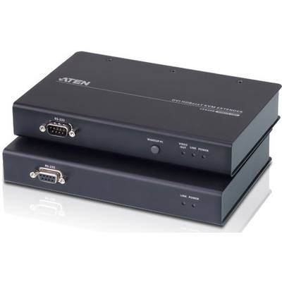 Dwa czarne przedłużacze HDMI ułożone jeden na drugim, z widocznymi złączami RS-232, wyjściem wideo oraz zasilaniem, z widoczną nazwą marki.