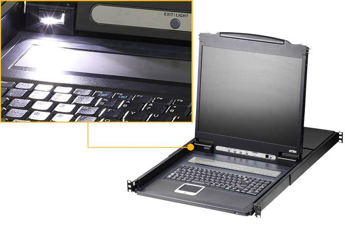 Przełącznik KVM z zintegrowanym ekranem i klawiaturą w szafie serwerowej. Prezentacja szczegółowego widoku podświetlanego przycisku na klawiaturze.