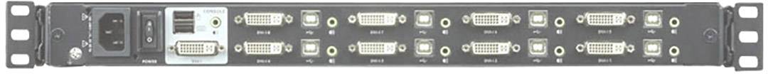 Urządzenie do montażu w szafie serwerowej wyposażone w kilka złączy DVI na przedniej płycie, przeznaczone do podłączenia wielu monitorów lub wyświetlaczy w sieci.