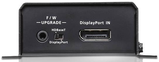 Urządzenie z interfejsami do aktualizacji oprogramowania F/W, HDBaseT, wejściem DisplayPort. Prezentuje różne możliwości podłączenia kabli.