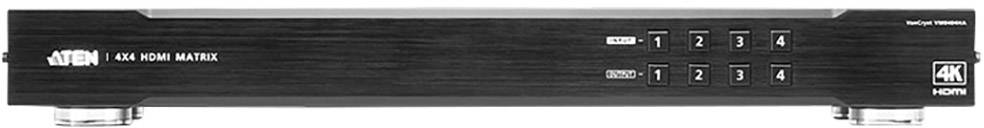Czarna matryca HDMI z czterema przyciskami wejściowymi i czterema przyciskami wyjściowymi z obsługą 4K. Na przedniej stronie przyciski rozmieszczone są w dwóch rzędach.