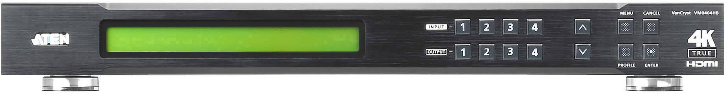 Przełącznik macierzowy ATEN 4K HDMI z 4 wejściami, 4 wyjściami i zieloną listwą wskaźnikową. Przyciski sterujące są widoczne z przodu.