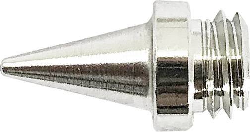 Srebrna, zwężająca się stożkowo metalowa część z gwintem na szerszym końcu, prawdopodobnie element mocujący lub adapter.