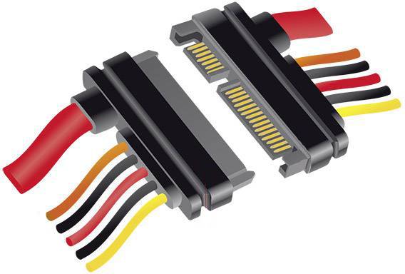 Ilustracja złącza kabla SATA z czerwonymi, czarnymi i pomarańczowymi przewodami ustawionymi na pinach. Łączy dyski twarde z płytami głównymi.