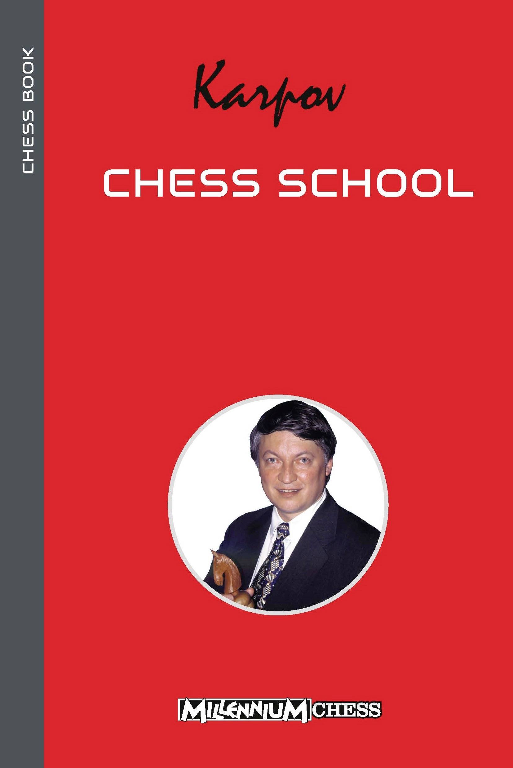 Czerwona okładka książki z napisem 'Szkoła Szachowa Karpowa'. Obraz mężczyzny w garniturze. Wydawnictwo: Millennium Chess.