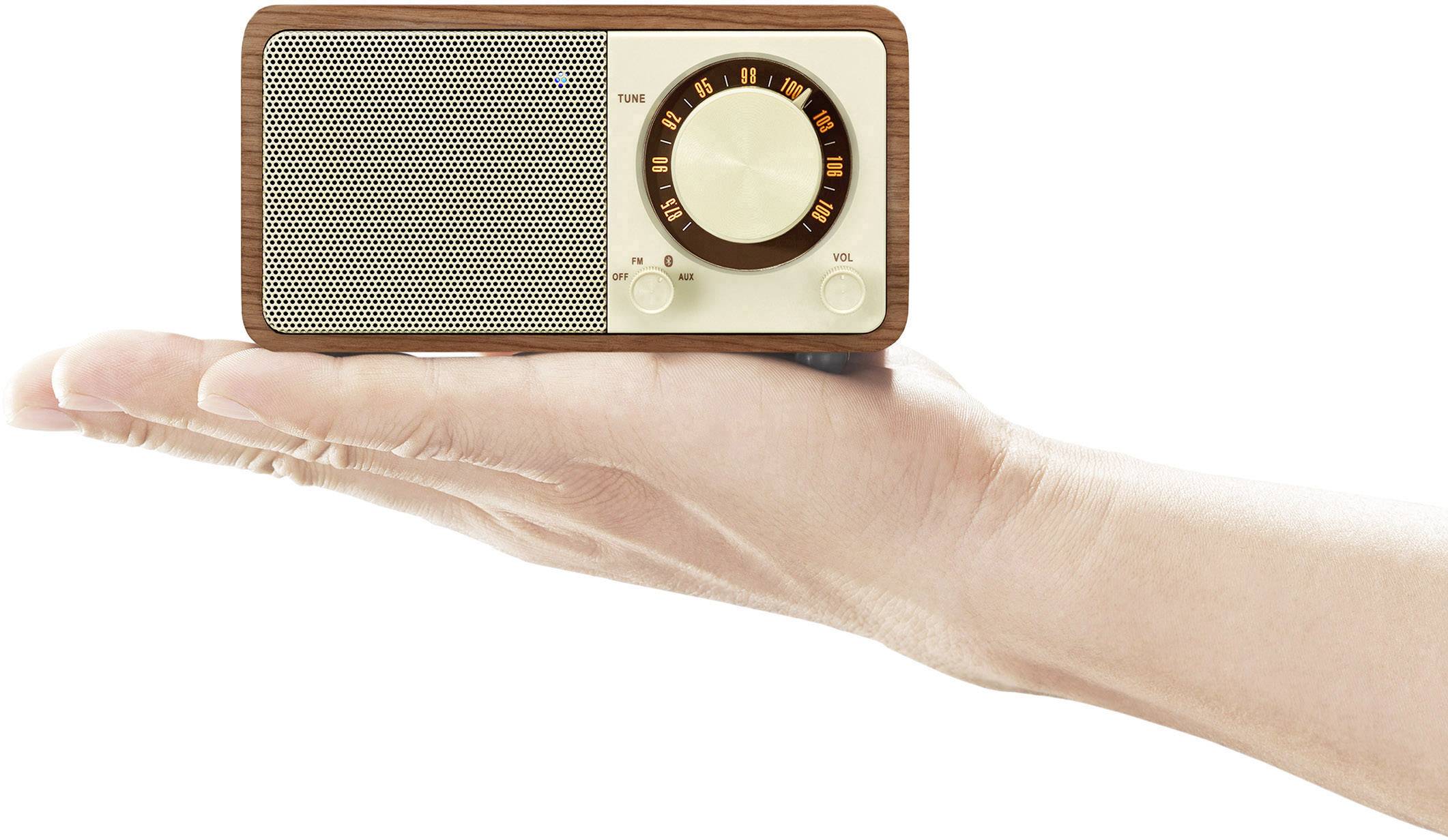 Małe, tradycyjne radio stołowe z drewnianą ramką, trzymane na wyciągniętej ręce, prezentujące minimalistyczny styl retro.