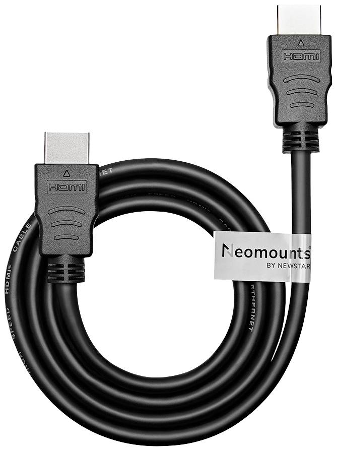 Czarny kabel HDMI z białą banderolą z napisem 'Neomounts by Newstar'.