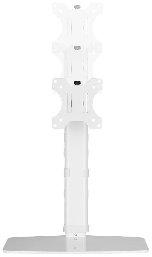 Biały stojak na monitor z dwoma uchwytami umieszczonymi jeden nad drugim, przeznaczony do pionowego zamontowania dwóch ekranów na biurku.