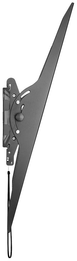 Czarny, regulowany uchwyt ścienny do telewizorów płaskich, przedstawiony z boku, prezentuje smukłą, nowoczesną budowę.