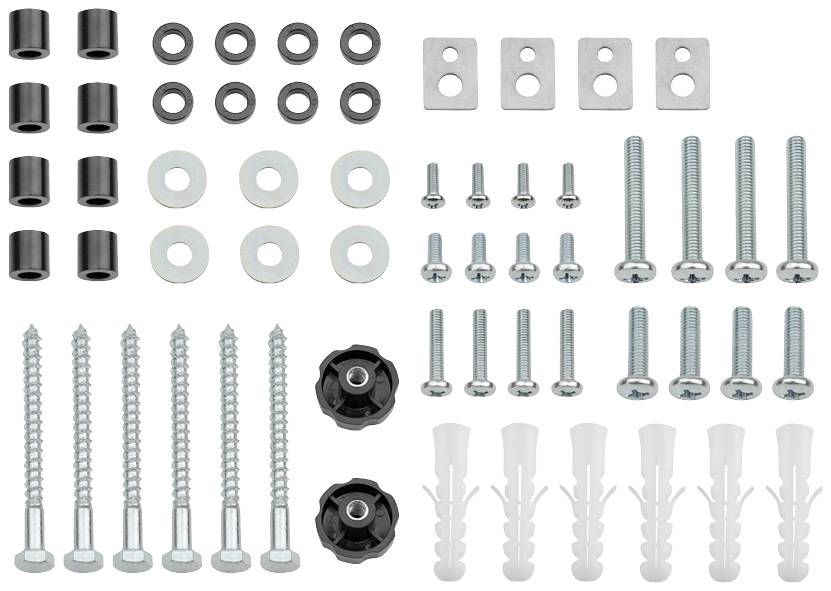 Różne śruby, nakrętki i podkładki w różnych rozmiarach i kształtach ułożone na białym tle.