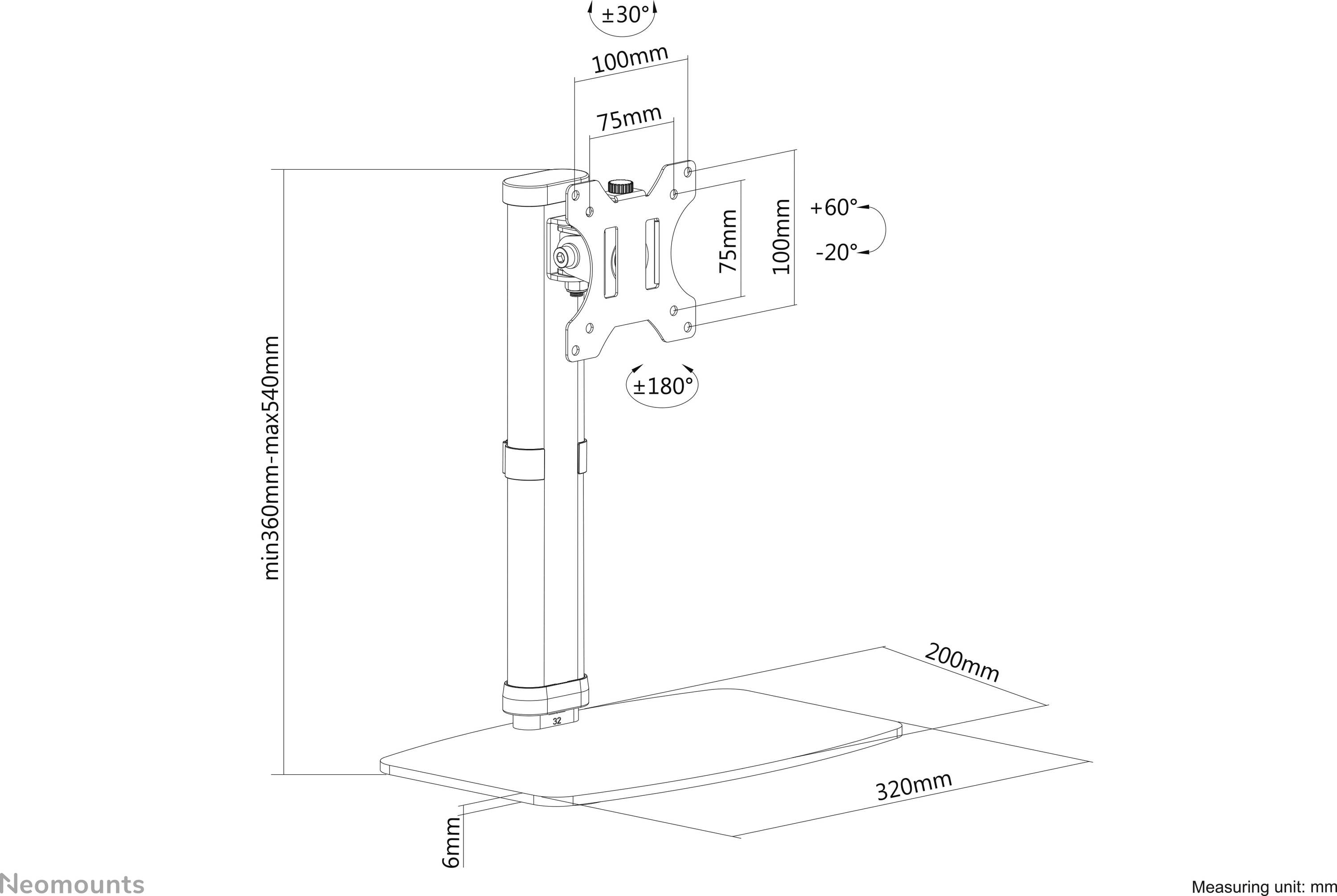 Diagram uchwytu do monitora z regulowanym mocowaniem, przedstawiający regulację wysokości i pochylenia. Wymiary: maks. 540 mm wysokości, 320 mm szerokości podstawy.