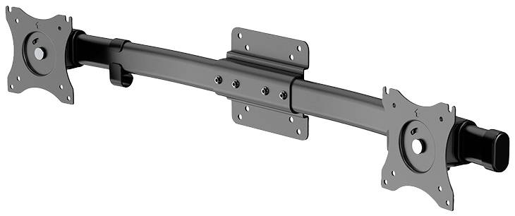 Czarny, regulowany uchwyt na monitor z dwoma płytkami montażowymi VESA do zamocowania dwóch ekranów.