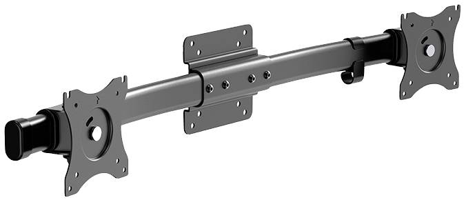 Metalowy uchwyt z dwoma regulowanymi ramionami do monitorów oraz płytkami zgodnymi ze standardem VESA, przeznaczony do mocowania ekranów.