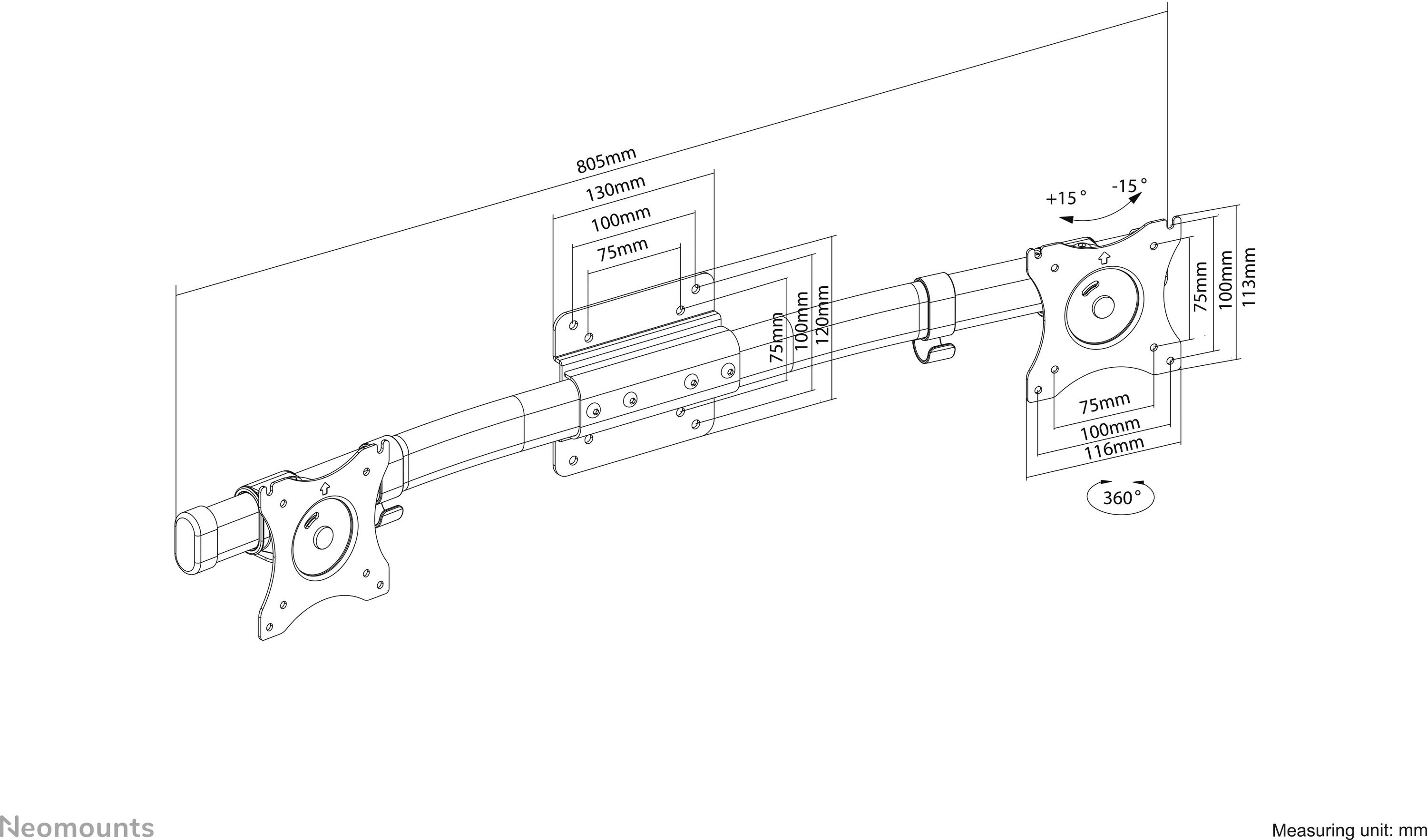Rysunek ramienia monitora z wymiarami i punktami obrotu. Ramię jest regulowane, przedstawia wymiary w milimetrach oraz kąt nachylenia.
