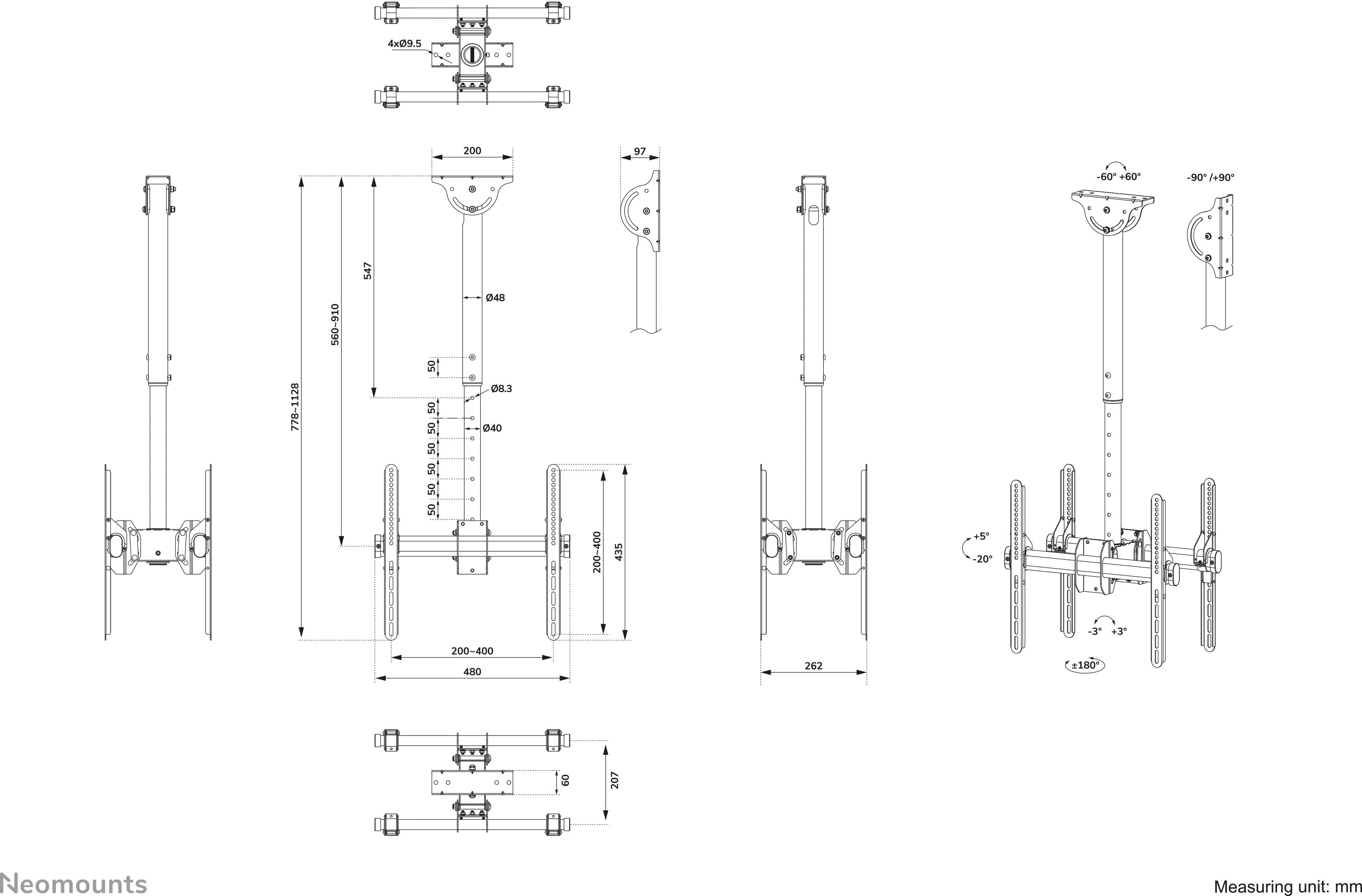 Rysunek techniczny regulowanego uchwytu sufitowego z wymiarami: wysokość 1068-1568 mm, szerokość 204-764 mm do mocowania urządzeń.