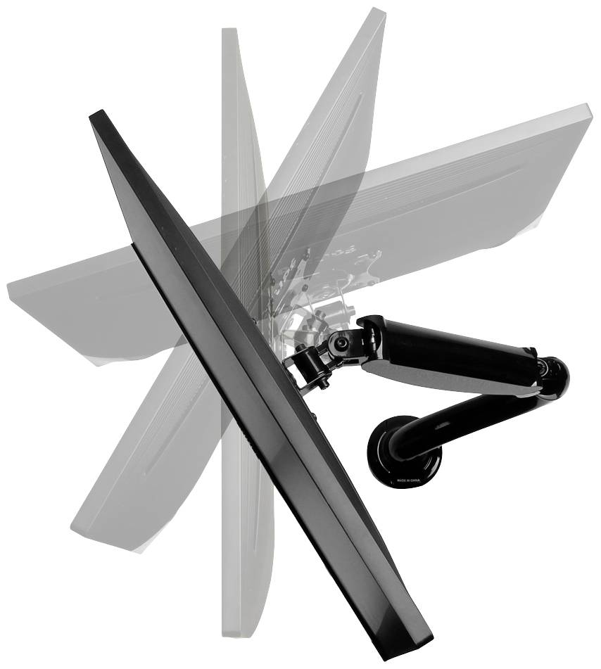 Widok ruchomego ramienia monitora, prezentujący różne kąty nachylenia ekranu, ilustrujący elastyczność i ergonomię stanowiska pracy.