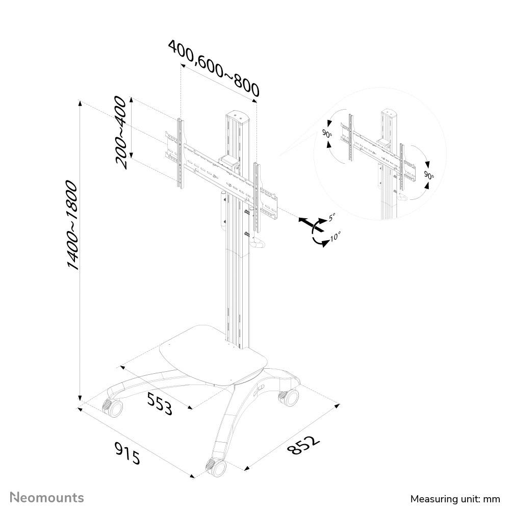 Rysunek techniczny regulowanego wysokościowo wózka jezdnego z wymiarami: wysokość 1400-1800 mm, szerokość 400-800 mm, z obrotowymi ramionami montażowymi.