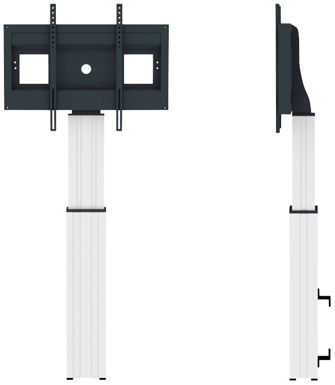 Elektryczna regulowana wysokość uchwyt ścienny do monitorów. Widok z przodu po lewej stronie przedstawia uchwyt z ramieniem, widok z boku po prawej stronie pokazuje małą głębokość.