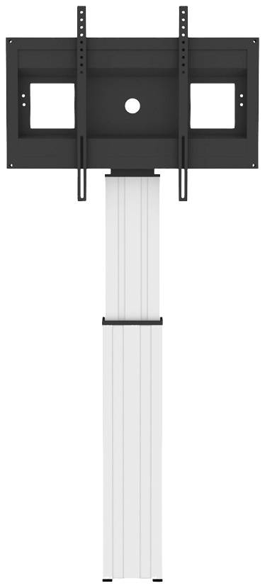 Uchwyt telewizyjny z regulowanym słupkiem, idealny do telewizorów płaskich. Czarny element mocujący i biała kolumnowa podstawa.
