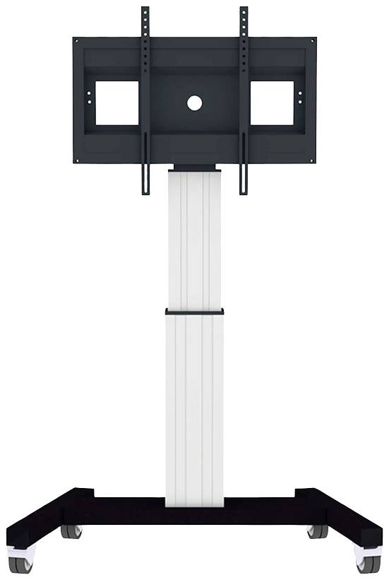 Mobilny stojak na telewizor z kółkami i regulowaną wysokością uchwytu do płaskich ekranów, idealny do biur lub prezentacji.