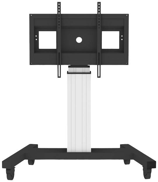 Mobilny stojak na telewizor z czterema kółkami oraz regulowaną metalową ramą do zamocowania ekranu.