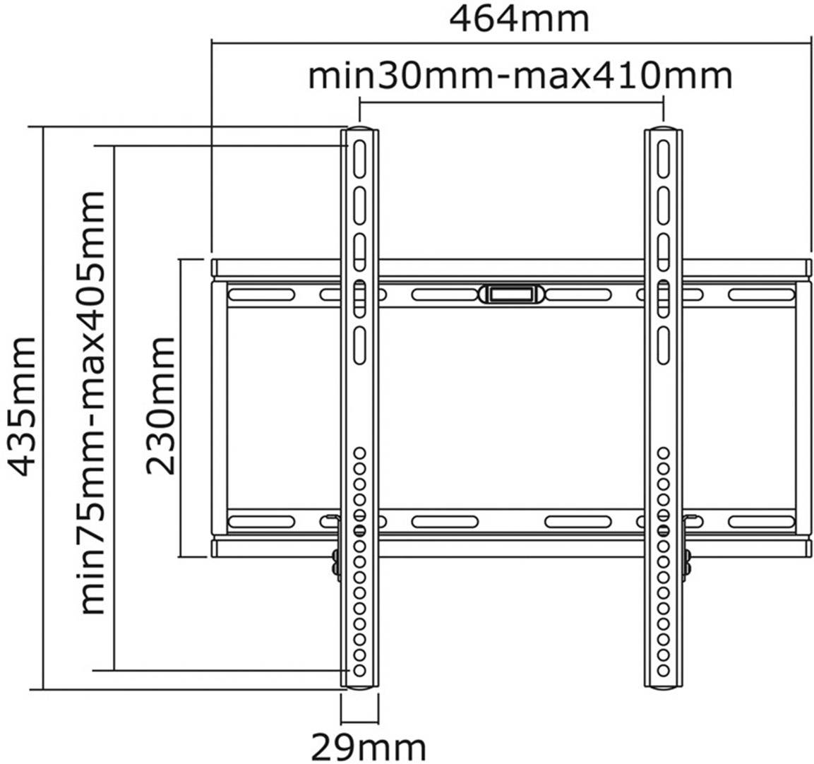 Rysunek techniczny wspornika z wymiarami. Szerokość 464 mm, regulowana wysokość od 75 mm do 405 mm. Głębokość 29 mm.