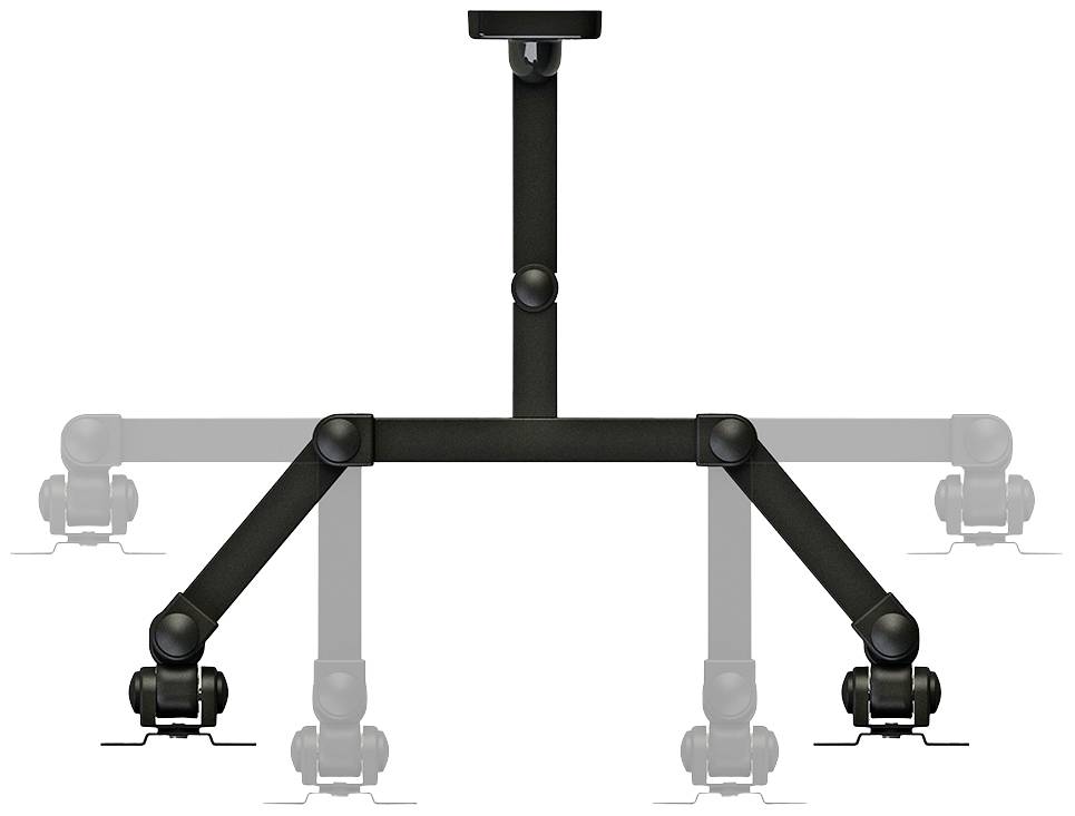 Podstawa krzesła biurowego z pięcioma kółkami i regulowaną podstawą krzyżową, odpowiednia do ergonomicznych rozwiązań siedzących, w kolorze czarnym, przedstawiona w stylistyce schematycznej.