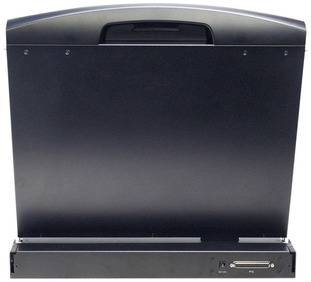 Widok z tyłu urządzenia elektronicznego z gniazdami przyłączeniowymi i włącznikiem sieciowym na dolnej krawędzi. Górna część posiada uchwyt do przenoszenia.