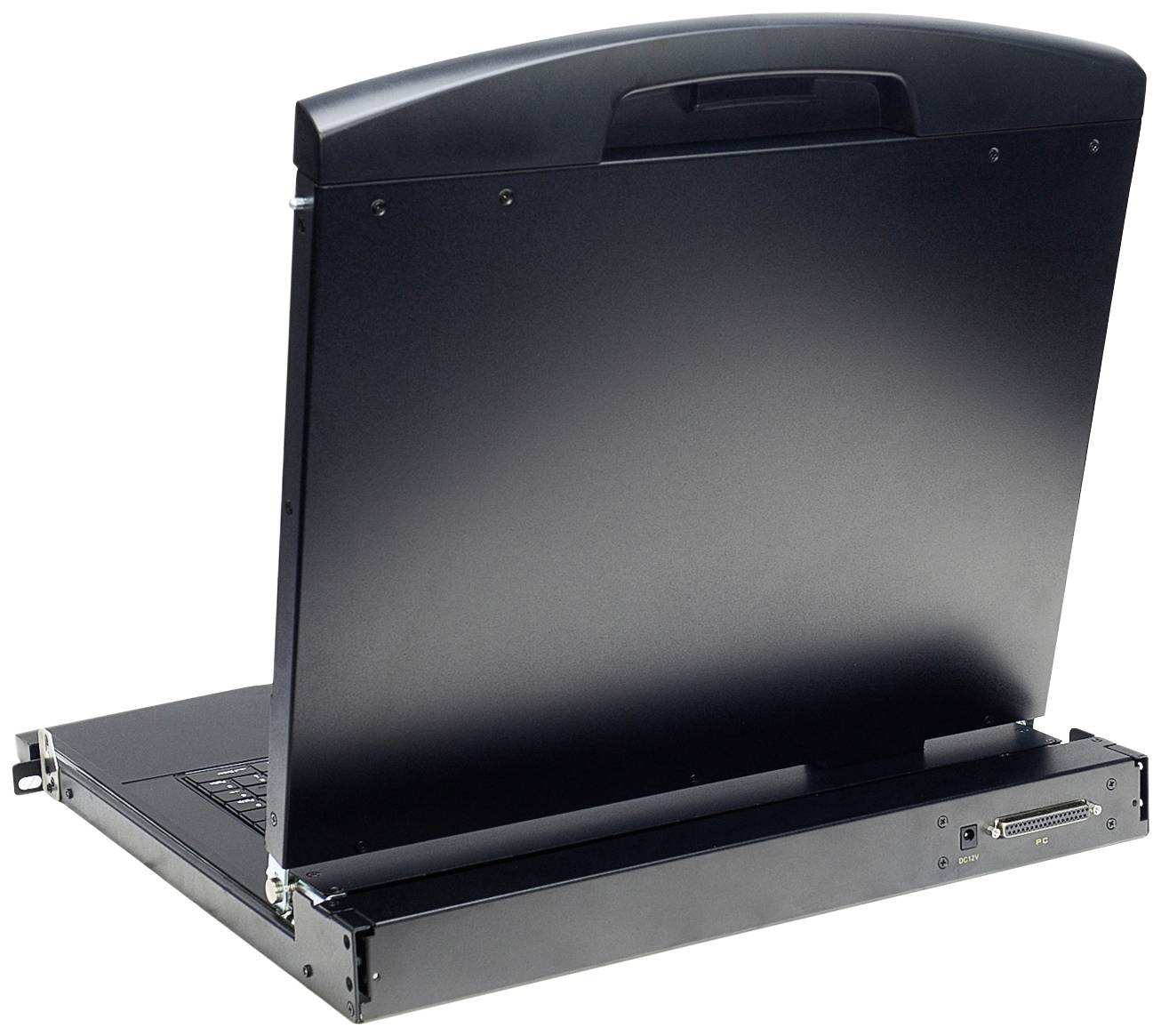 Zamknięty laptop w czarnej obudowie, widziany od tyłu, ukazujący złącza i uchwyty.