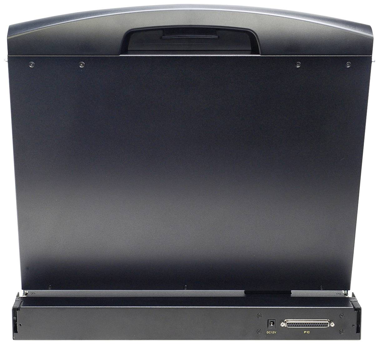 Zamknięte, czarne przenośne urządzenie z uchwytem na górze i złączami u dołu.