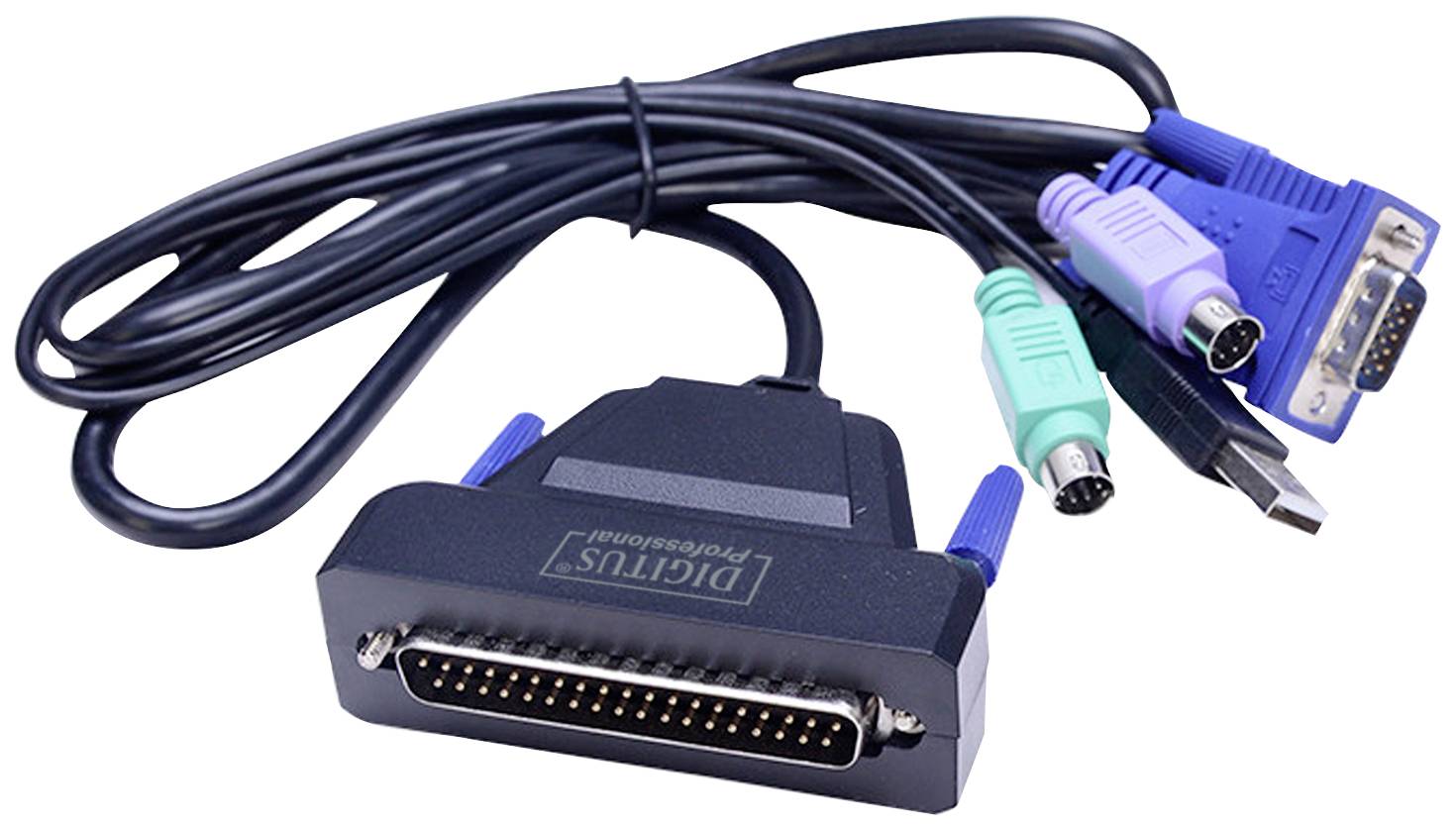 'Adapter komputerowy z wieloma złączami, w tym USB, VGA i PS/2, połączony wspólnym przewodem.'