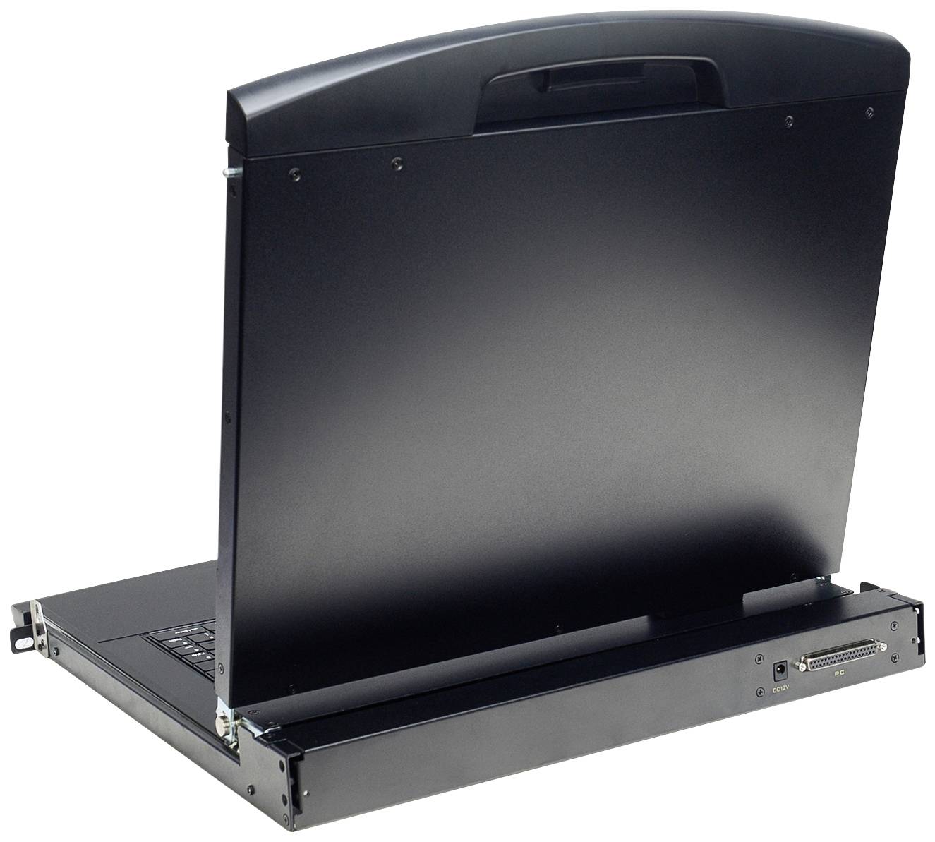 Czarny laptop lub przenośny monitor z otwartym ekranem, spoczywający na płakim stojaku. Wygląda solidnie.