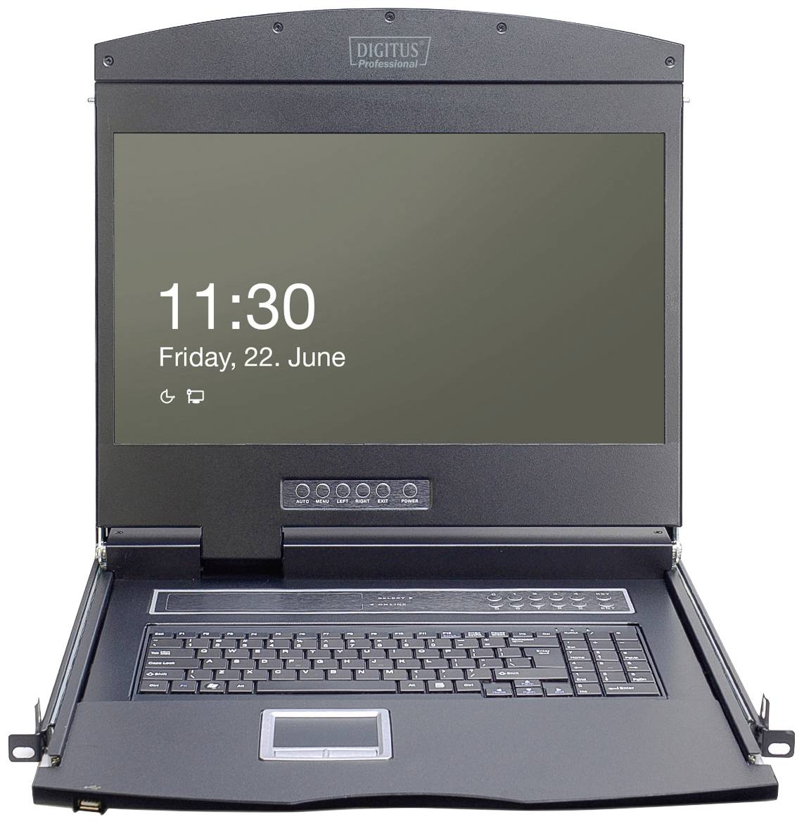 Laptop z otwartą klapą wyświetla ekran z godziną '11:30' i datą 'Piątek, 22 czerwca'. Poniżej znajduje się klawiatura.