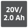 20V/2,0 Ah w czarnym tekście na szarym tle.